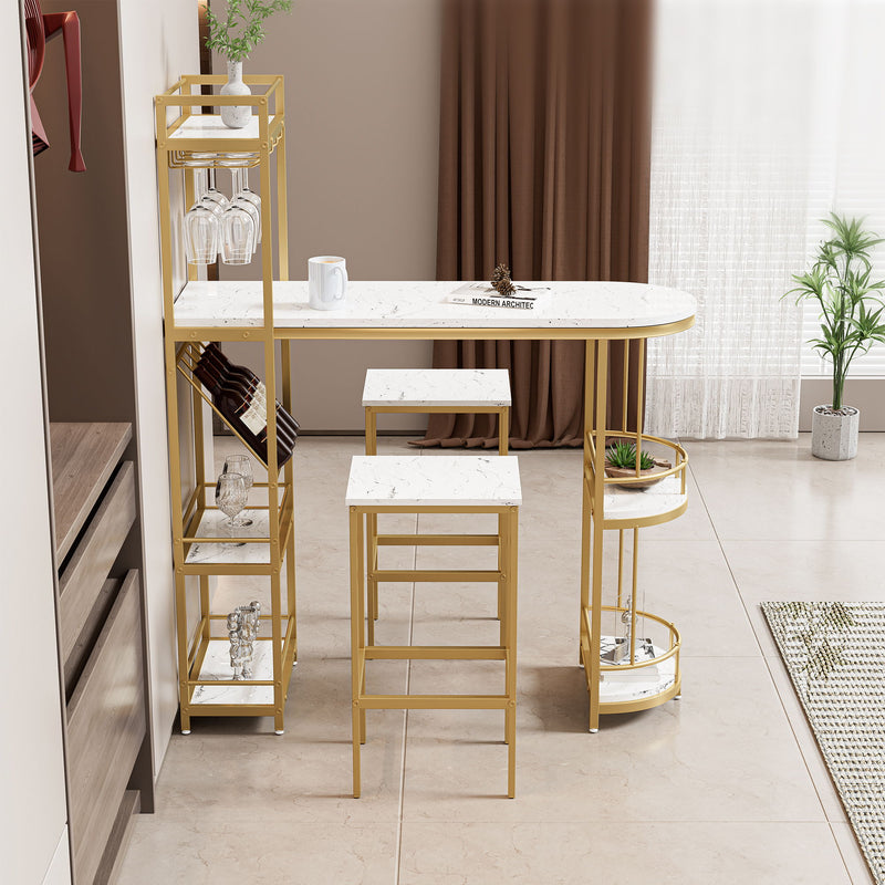 3 Piece Bar Table And Chairs Set, Modern Kitchen Bar Height Dining Table Wood Breakfast Pub Table With Base With Shelves, Glass Rack, Wine Bottle Rack, With 2 Bar Stools - White / Gold