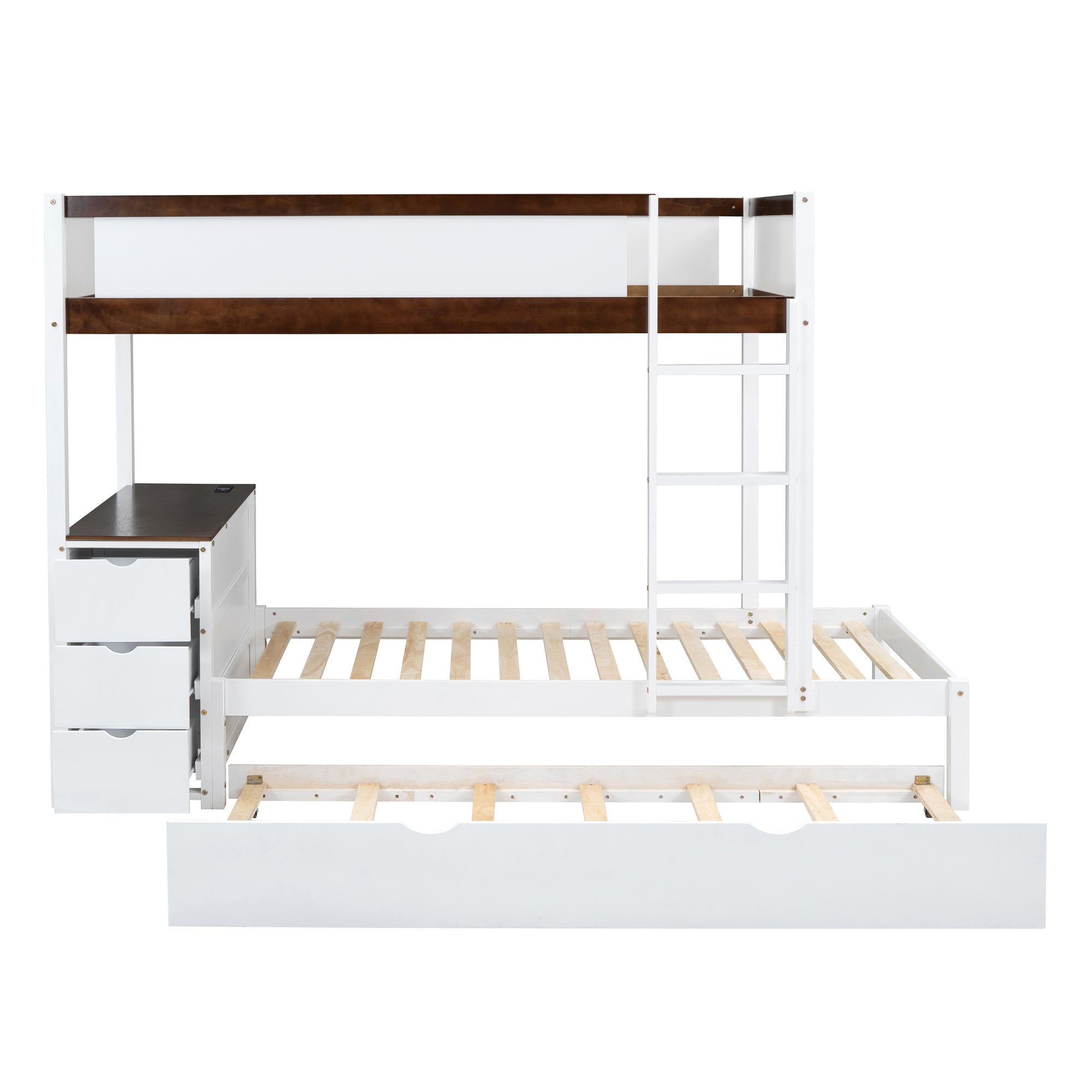 Twin-Over-Twin Bunk Bed with Twin size Trundle, Storage and Desk, White+Walnut - Atlantic Fine Furniture Melbourne FL