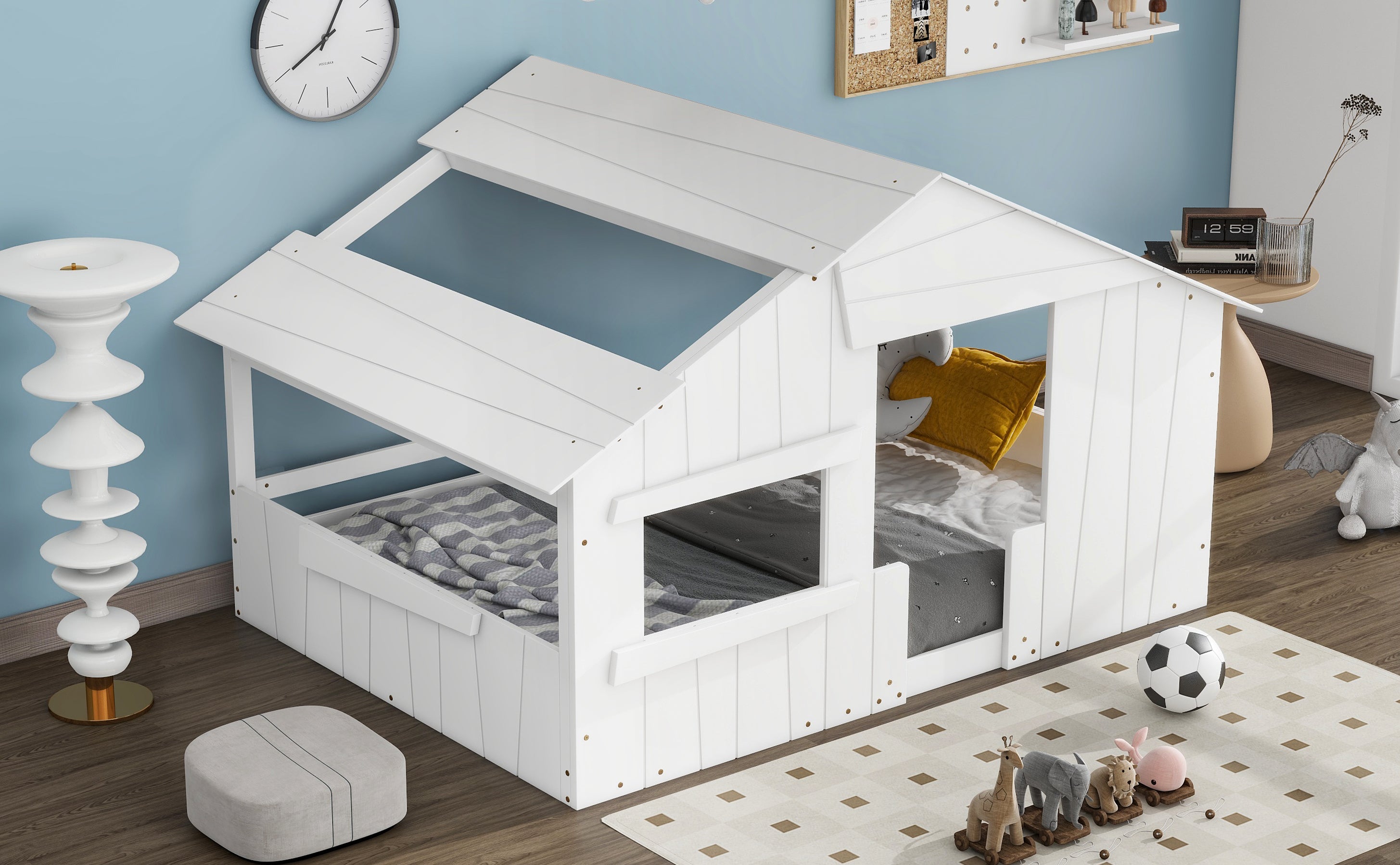 Wood Full Size House Bed with Roof, Window and Guardrail, White - Atlantic Fine Furniture Melbourne FL