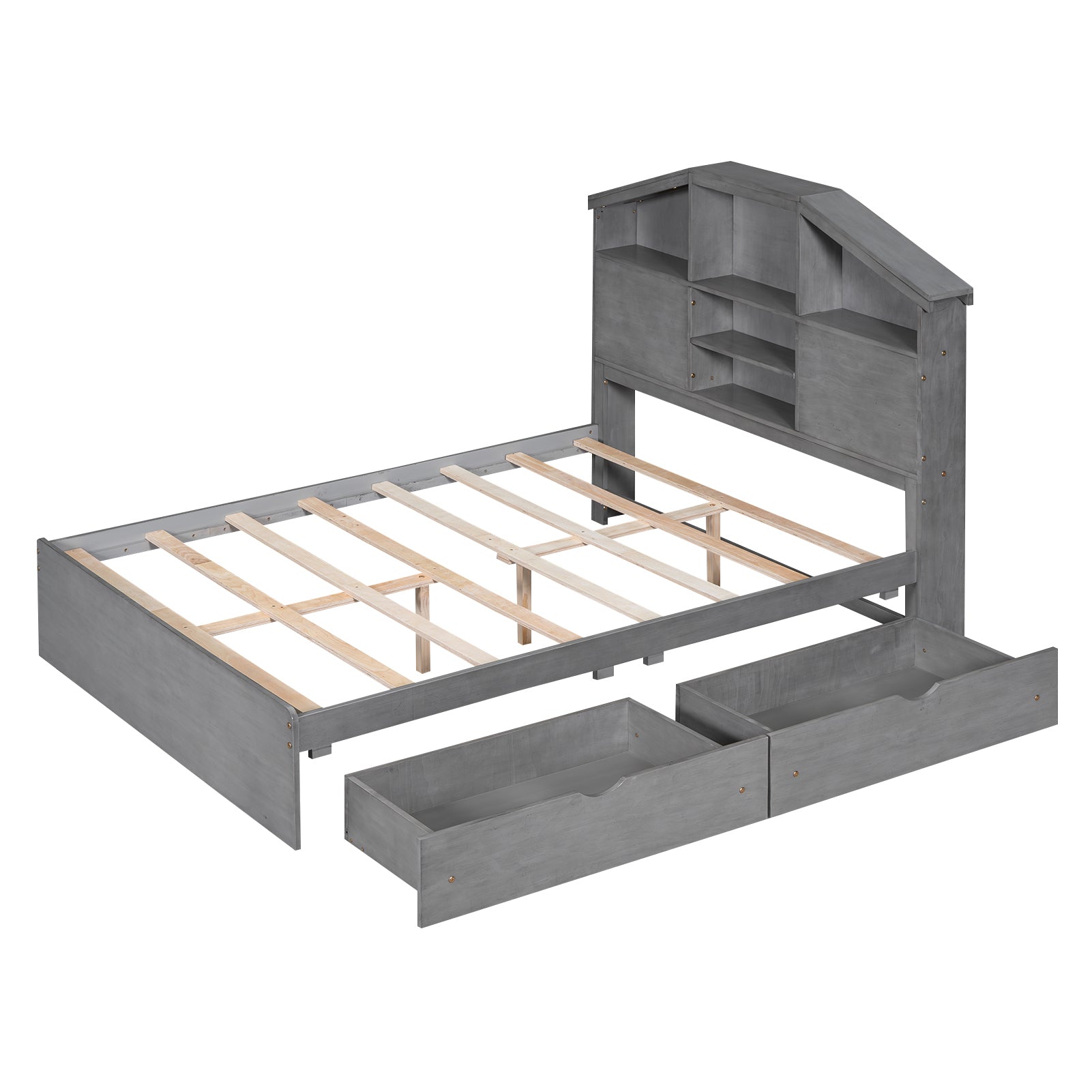 Full Size Wood Platform Bed with House-shaped Storage Headboard and 2 Drawers, Gray - Atlantic Fine Furniture Melbourne FL
