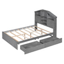 Full Size Wood Platform Bed with House-shaped Storage Headboard and 2 Drawers, Gray