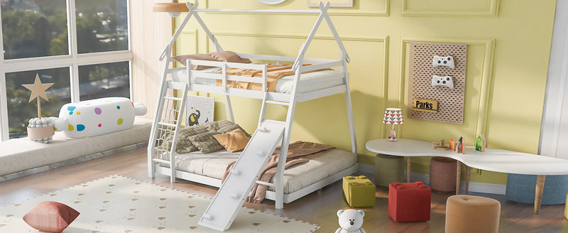 Twin over Queen House Bunk Bed with Climbing Nets and Climbing Ramp, White