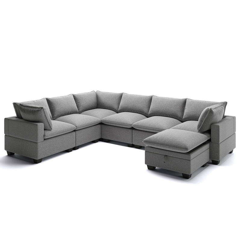 Modern U Shape Modular Sofa With Storage Ottoman, Luxury 7 Seat Sectional Couch Set With 2 Pillows Included, Freely Combinable Indoor Funiture For Living Room, Apartment - Gray