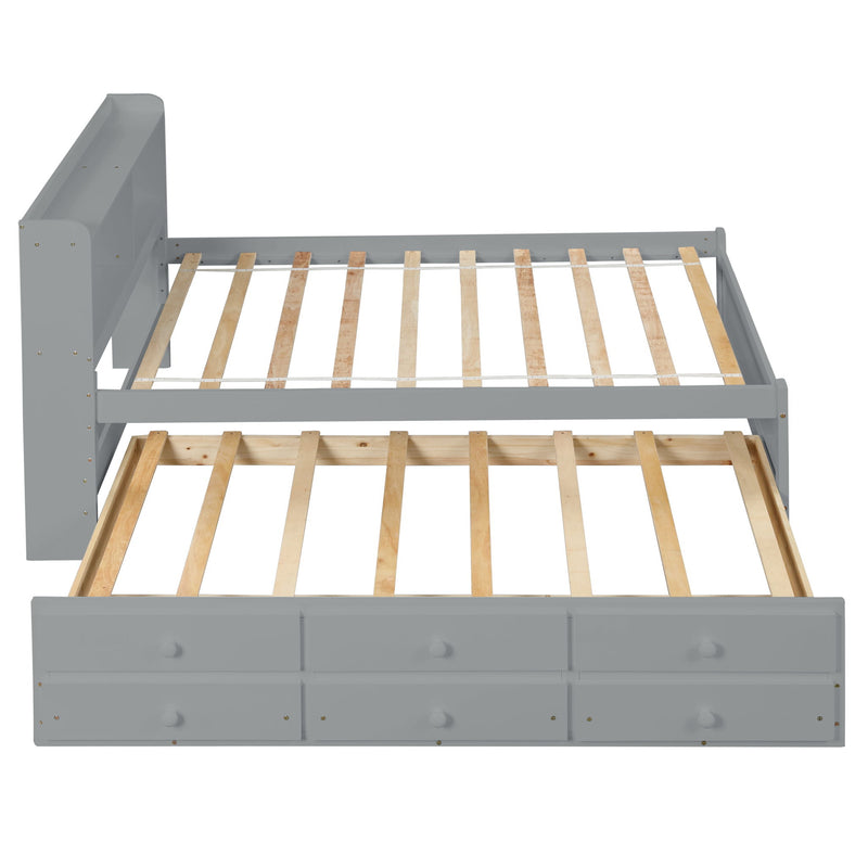 Bed With Built-In USB, Type-C Ports, LED Light, Bookcase Headboard, Trundle And 3 Storage Drawers, Bed With Bookcase Headboard, Trundle And Storage Drawers - Espresso