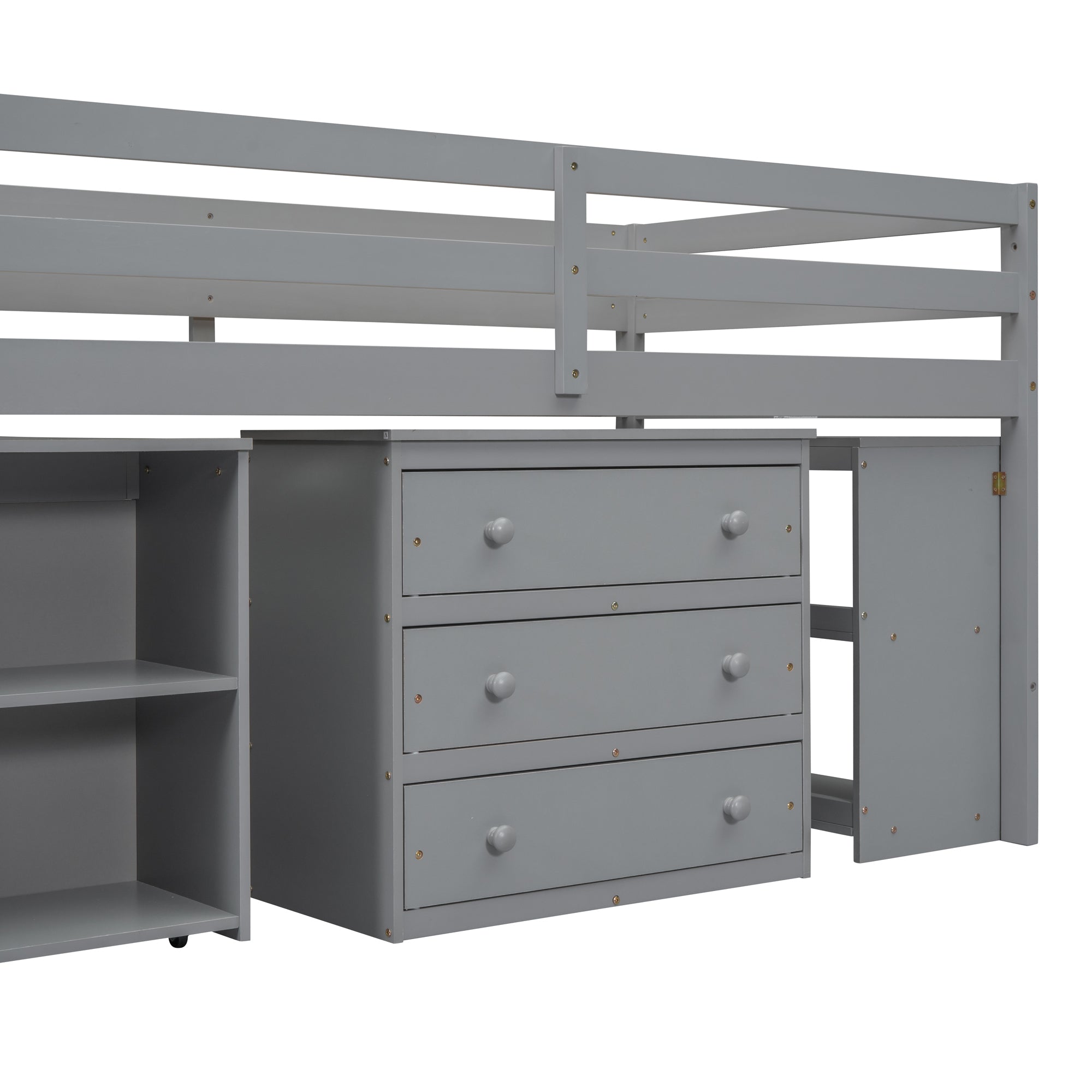 Twin Size Loft Bed with Retractable Writing Desk and 3 Drawers, Wooden Loft Bed with Storage Stairs and Shelves, Gray - Atlantic Fine Furniture Melbourne FL