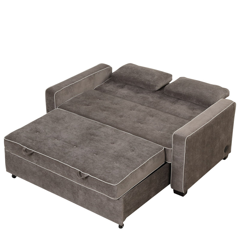 Upholstered Sleeper Bed, Pull Out Sofa Bed Couch Attached Two Throw Pillows, Dual USB Charging Port And Adjustable Backrest