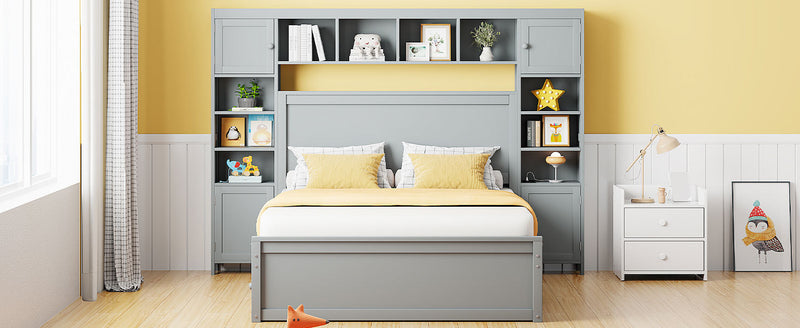Full Size Wooden Bed With All-in-One Cabinet, Shelf and Sockets, Gray