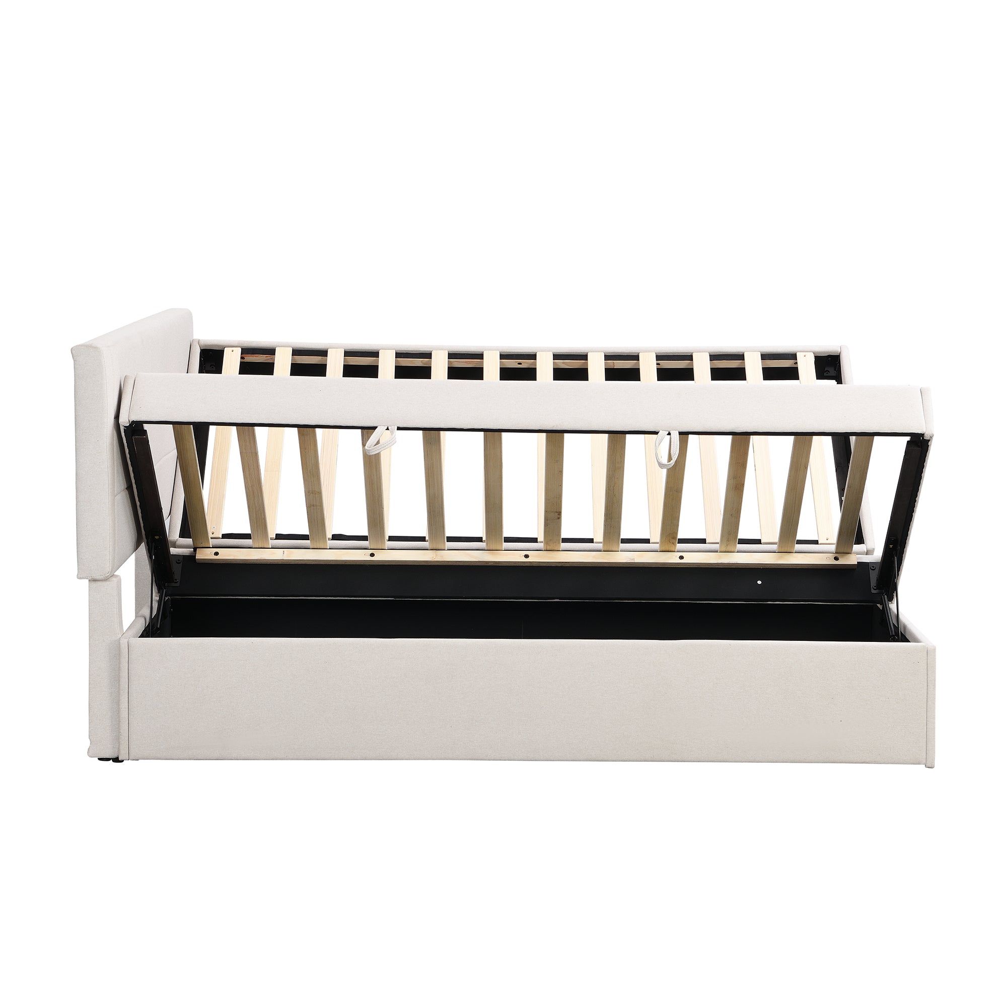Queen Size Upholstered Platform Bed with Storage Underneath, Beige - Atlantic Fine Furniture Melbourne FL