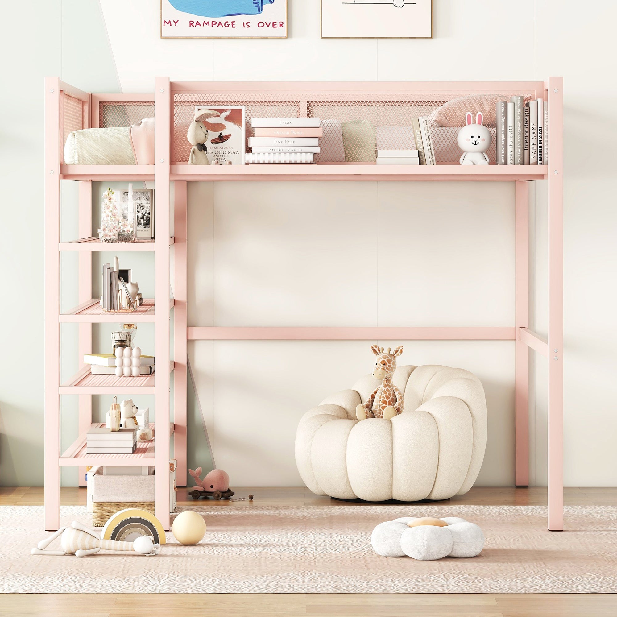 Full Size Metal Loft Bed with 4-Tier Shelves and Storage, Pink - Atlantic Fine Furniture Melbourne FL