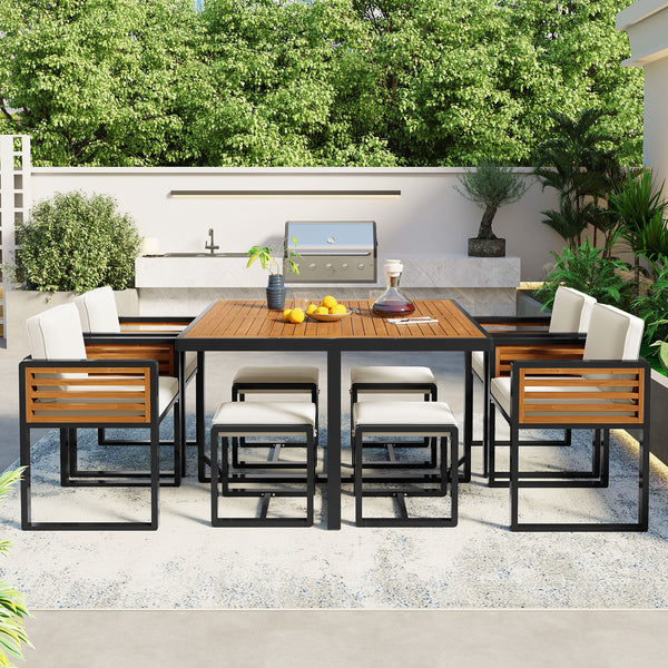 Acacia Wood Patio Dining Set, Cushioned Chairs & Ottomans Square Table