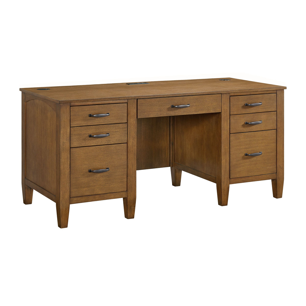 Portico Double Pedestal Desk With Power / USB in Brown Oak by Elements International
