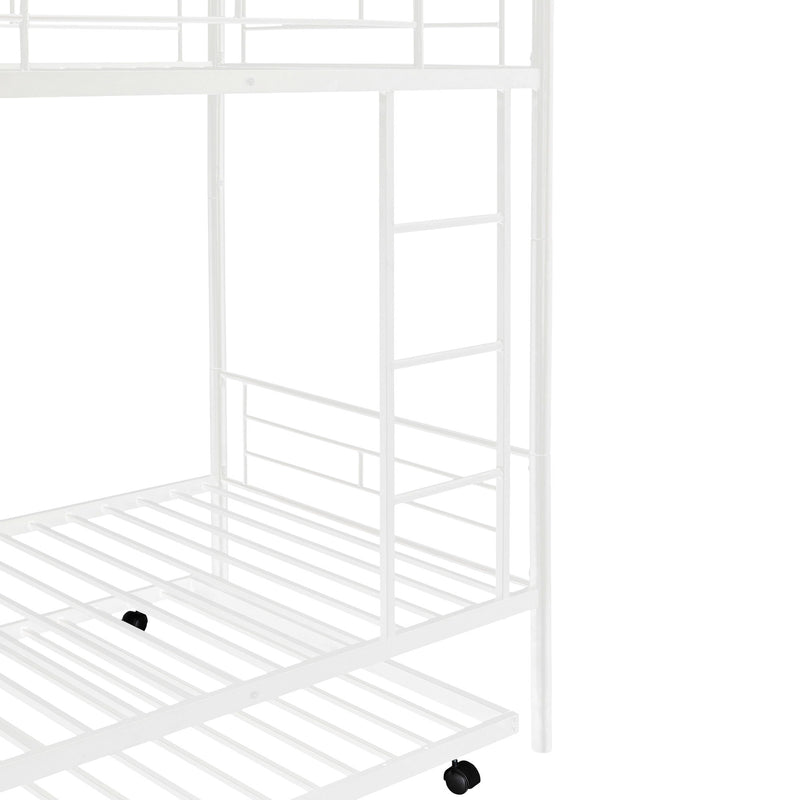 Twin Over Twin Metal Bunk Bed With Trundle, Can Be Divided Into Two Beds, No Box Spring Needed - White