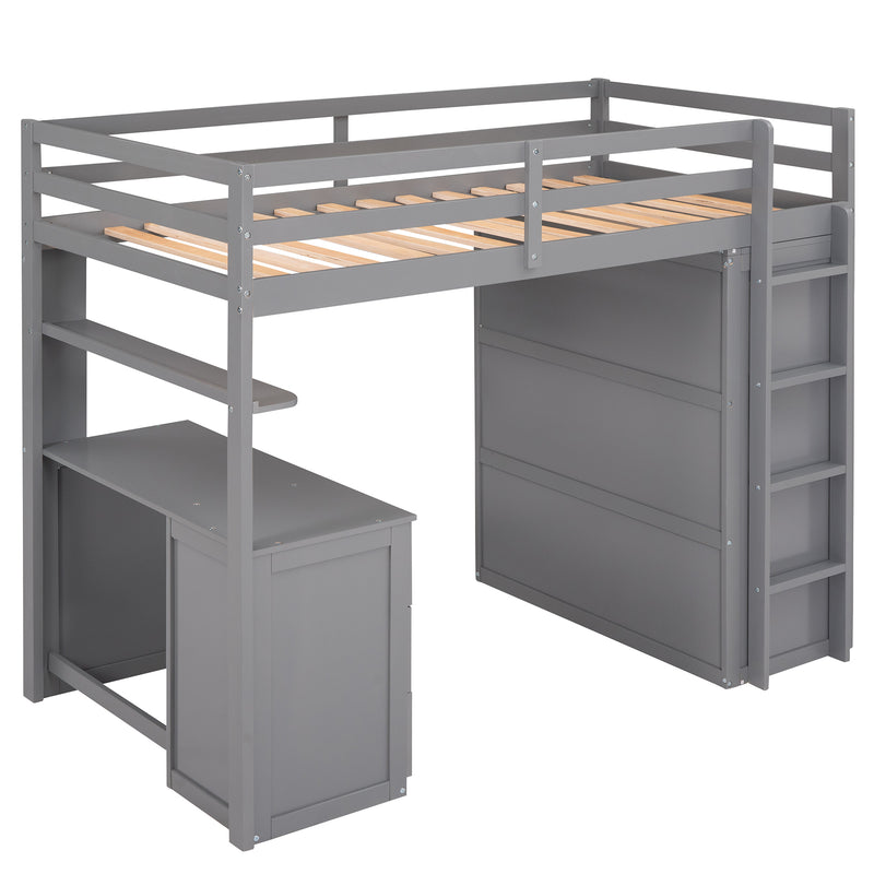 Twin size Loft Bed with Drawers,Desk,and Wardrobe-Gray