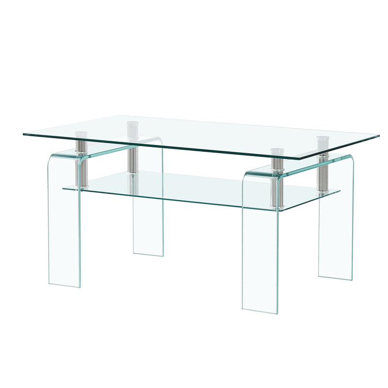 Rectangle Clear Glass Coffee Table, Modern Glass Coffee Table For Living Room, 2 Tier Storage Center Coffee Table, Tempered Glass Tea Table - Transparent