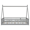 Twin Tent-shaped Floor Bed, with Guardrails, Slats, Door ,Grey