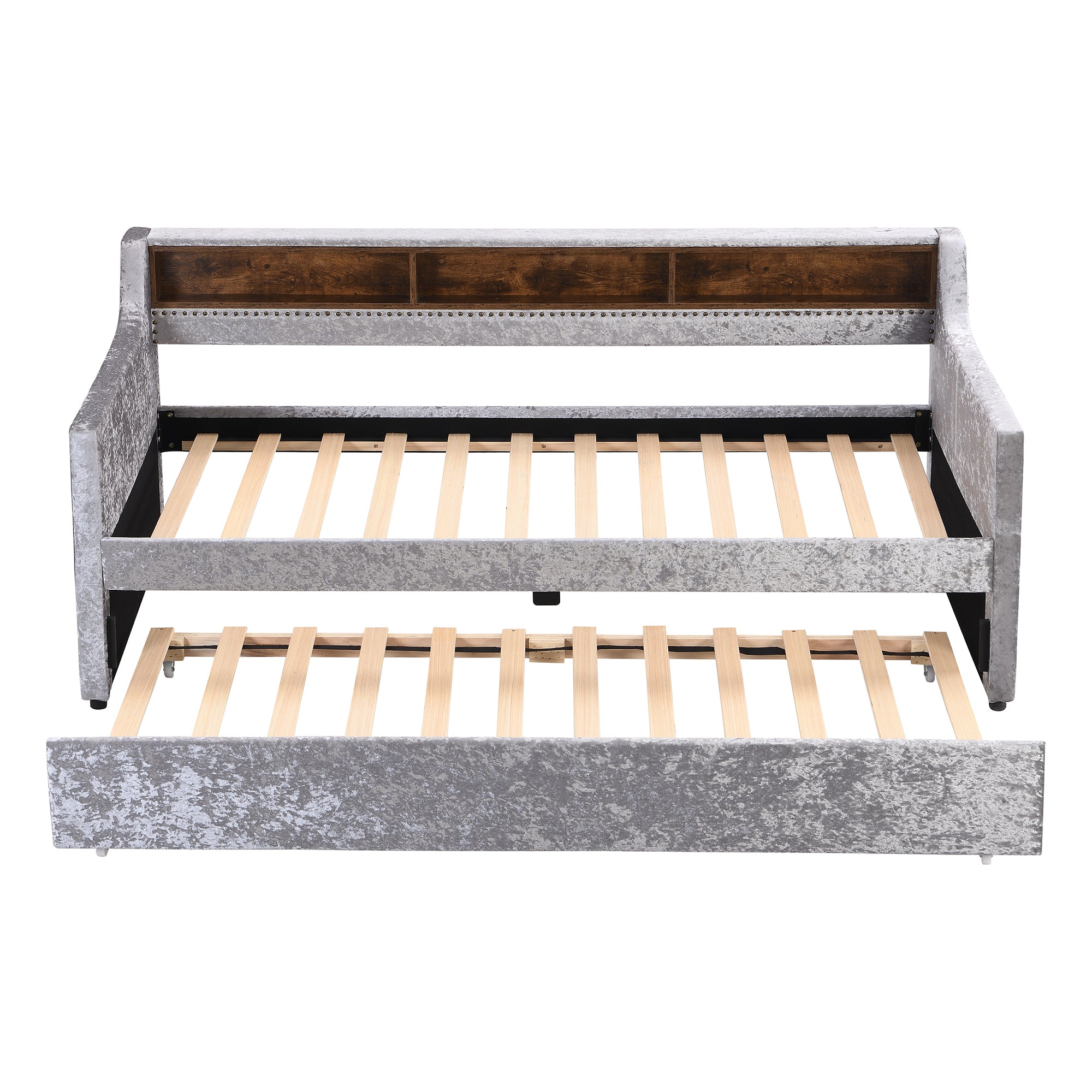 Twin Size Snowflake Velvet Daybed with Trundle and Built-in Storage Shelves,Gray - Atlantic Fine Furniture Melbourne FL