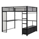 Full Size Gaming Loft Bed With LED Desk, Open Wardrobe, 3 Linen Storage Drawers - Black