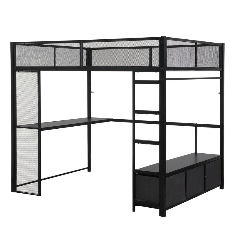 Full Size Gaming Loft Bed With LED Desk, Open Wardrobe, 3 Linen Storage Drawers - Black
