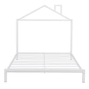 Full Size Metal Platform Bed with House-Shaped Headboard Design, White