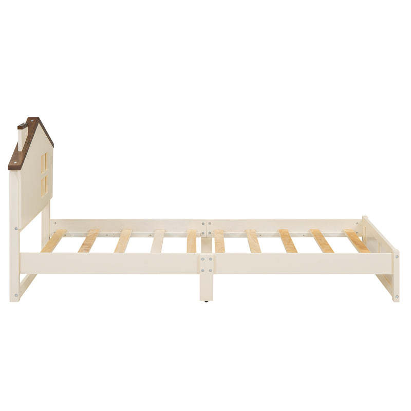 Twin Size Wood Platform Bed with House-shaped Headboard and Built-in LED, Walnut+Milk White