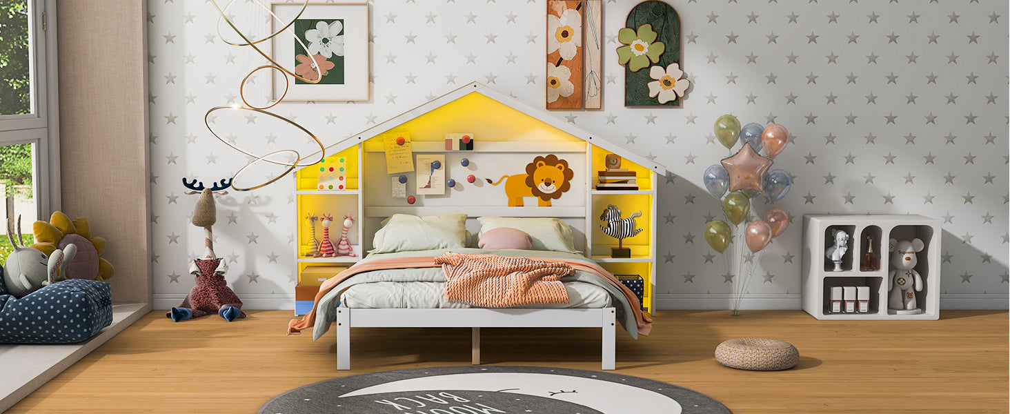 Wood Full Size Platform Bed with House-shaped Storage Headboard and Built-in LED, White - Atlantic Fine Furniture Melbourne FL