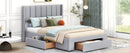 Full Size Upholstered Platform Bed with One Large Drawer in the Footboard and Drawer on Each Side,Gray