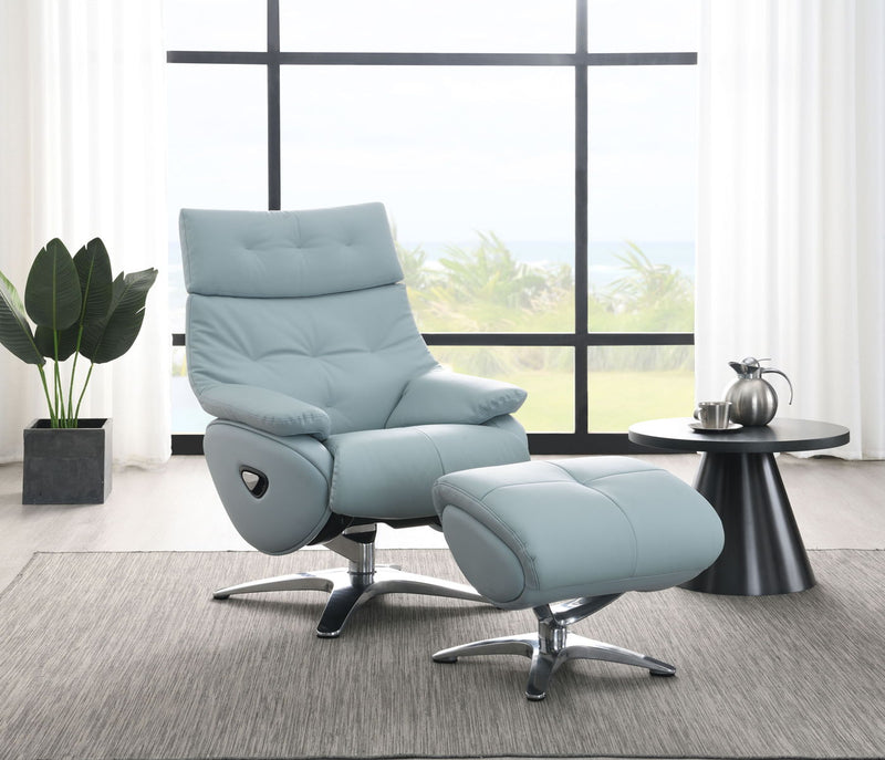 Janella - Top Grain Leather Accent Chair With Swivel & Ottoman - Baby Blue