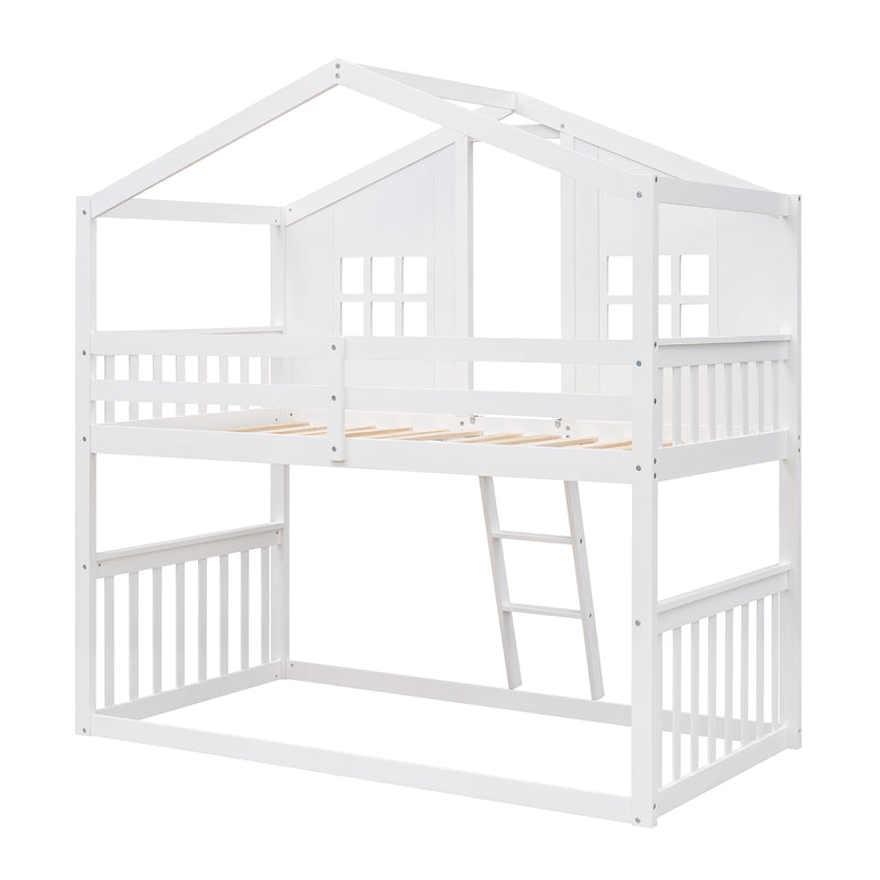 Twin Over Twin House Bunk Bed With Ladder, Wood Bed-White