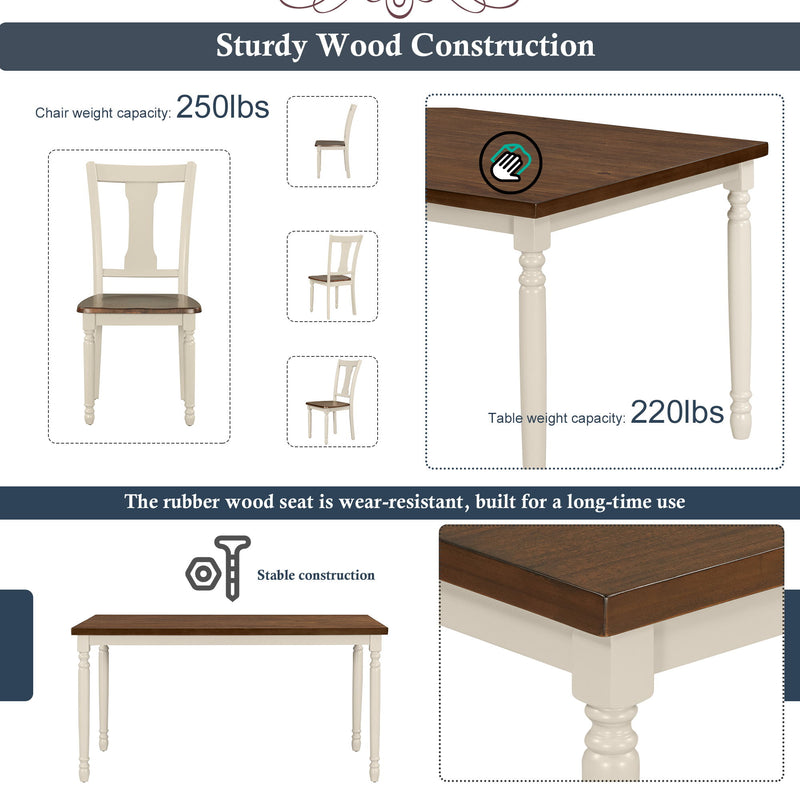 6 Piece Dining Set Classic Wooden Table And 4 Chairs With Bench For Kitchen Dining Room - Brown / Cottage White