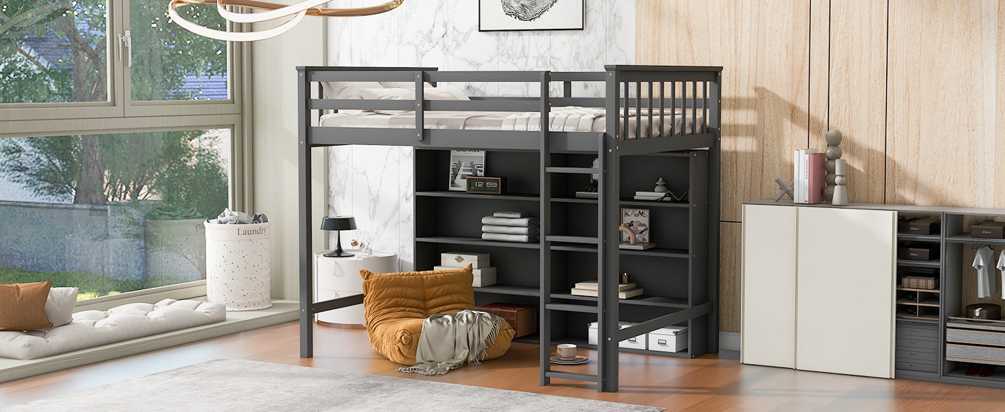 Twin Size Loft Bed with 8 Open Storage Shelves and Built-in Ladder, Gary - Atlantic Fine Furniture Melbourne FL