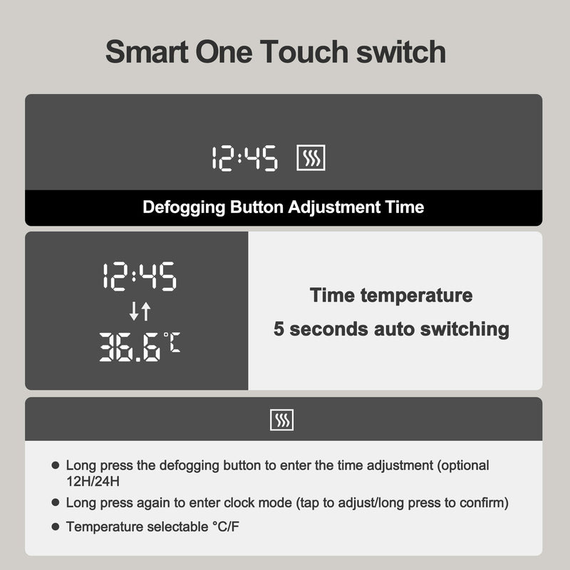 Modern Arched LED Bathroom Mirror With Time And Temperature Display, Anti Fog, Dimmable Light - Black