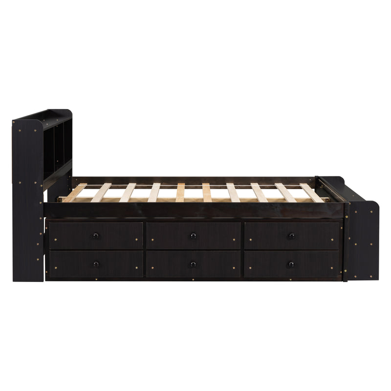 Full Bed with Bookcase Headboard, Under bed Storage Drawers and Bed End Storage Case,Espresso