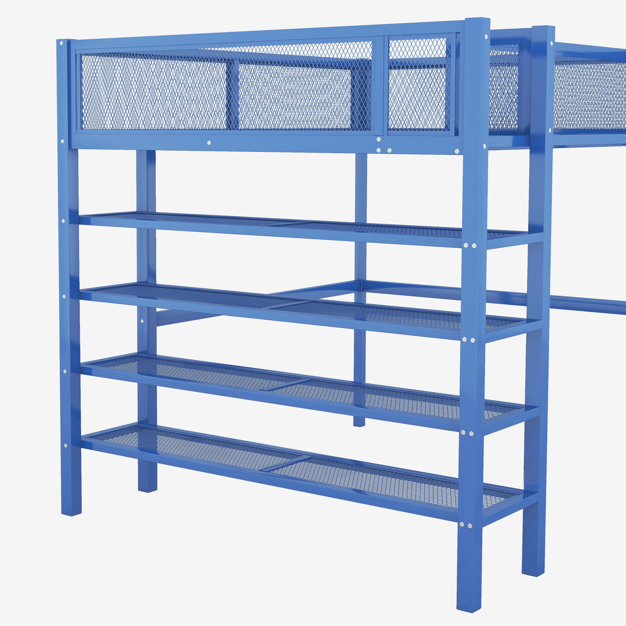 Full Size Metal Loft Bed with 4-Tier Shelves and Storage, Blue - Atlantic Fine Furniture Melbourne FL