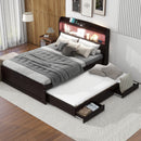 Full XL Size Platform Bed with Storage LED Headboard, Charging Station, Twin Size Trundle and 2 Drawers, Dark Brown