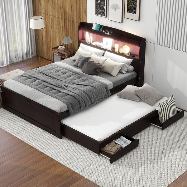 Full XL Size Platform Bed with Storage LED Headboard, Charging Station, Twin Size Trundle and 2 Drawers, Dark Brown