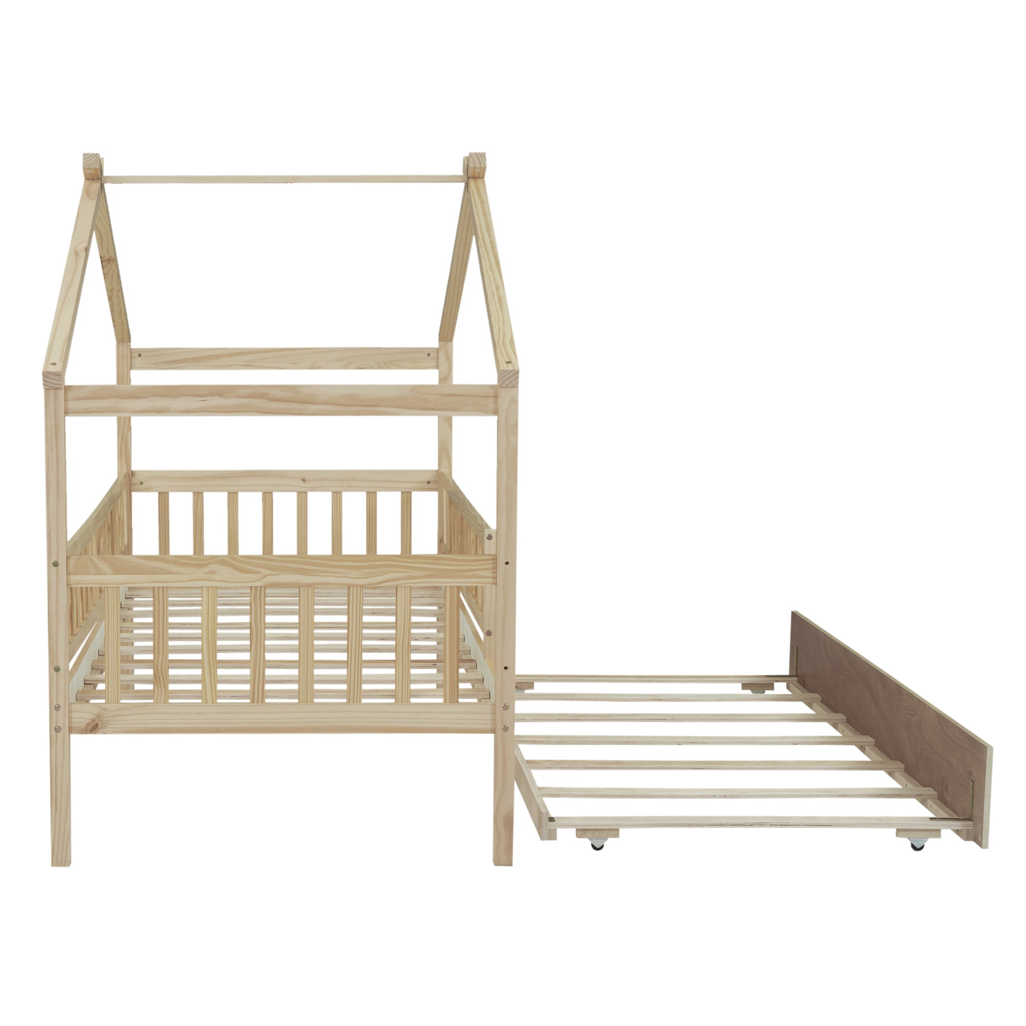 Twin Size Wooden House Bed with Twin Size Trundle, Natural - Atlantic Fine Furniture Melbourne FL