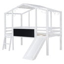 Loft House Bed With Ladder And Slide, With Blackboard And Light Strip On The Roof
