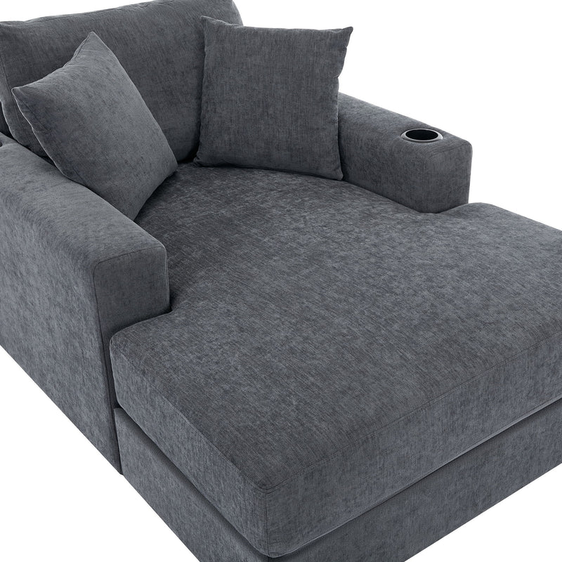 Oversized Chaise Lounger Modern Style Sofa Couch, With Pillows, Charge Station & Cup Holders