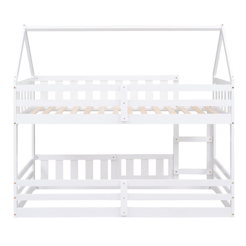 Twin Over Twin House Bunk Bed With Fence And Door - Gray