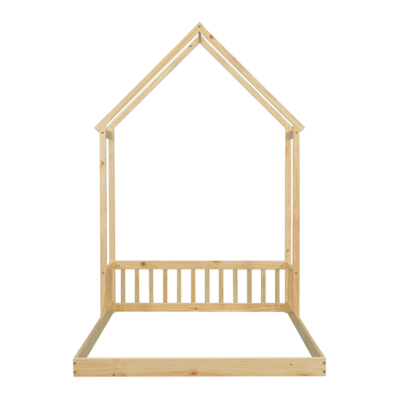 Full Roof-framed Headboard Floor Bed with Headboard Guardrails, without Slats,Natural