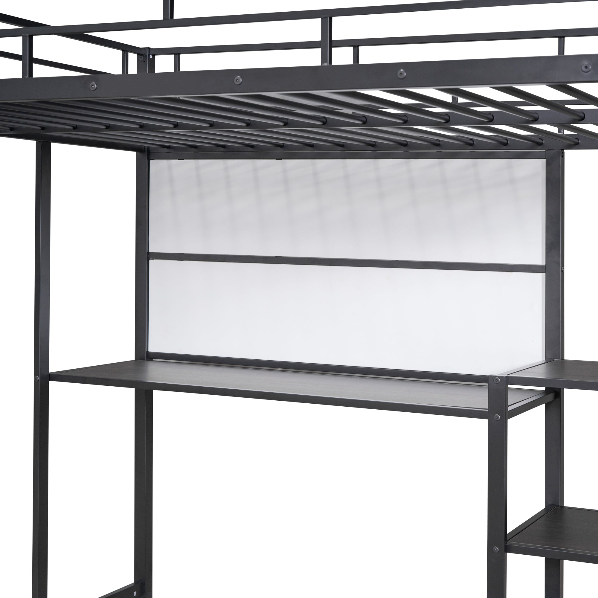 Full Size Loft Bed with Desk and Whiteboard, Metal Loft Bed with 3 Shelves and Ladder, Black - Atlantic Fine Furniture Melbourne FL