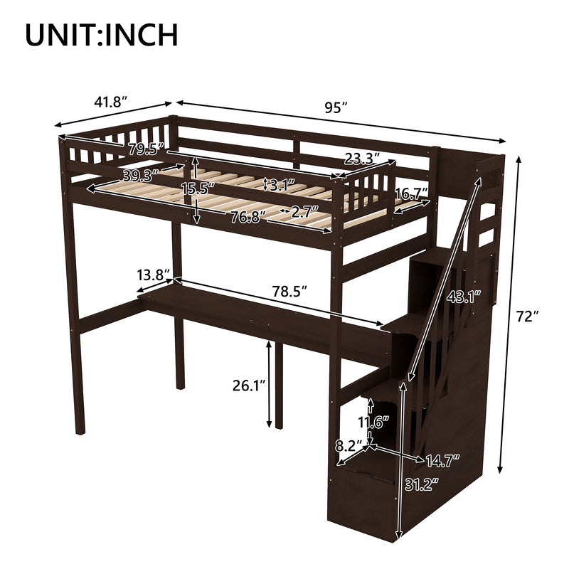 Twin Size Loft Bed with Storage Staircase and Built-in Desk, Espresso (Old SKU:GX000903AAP)