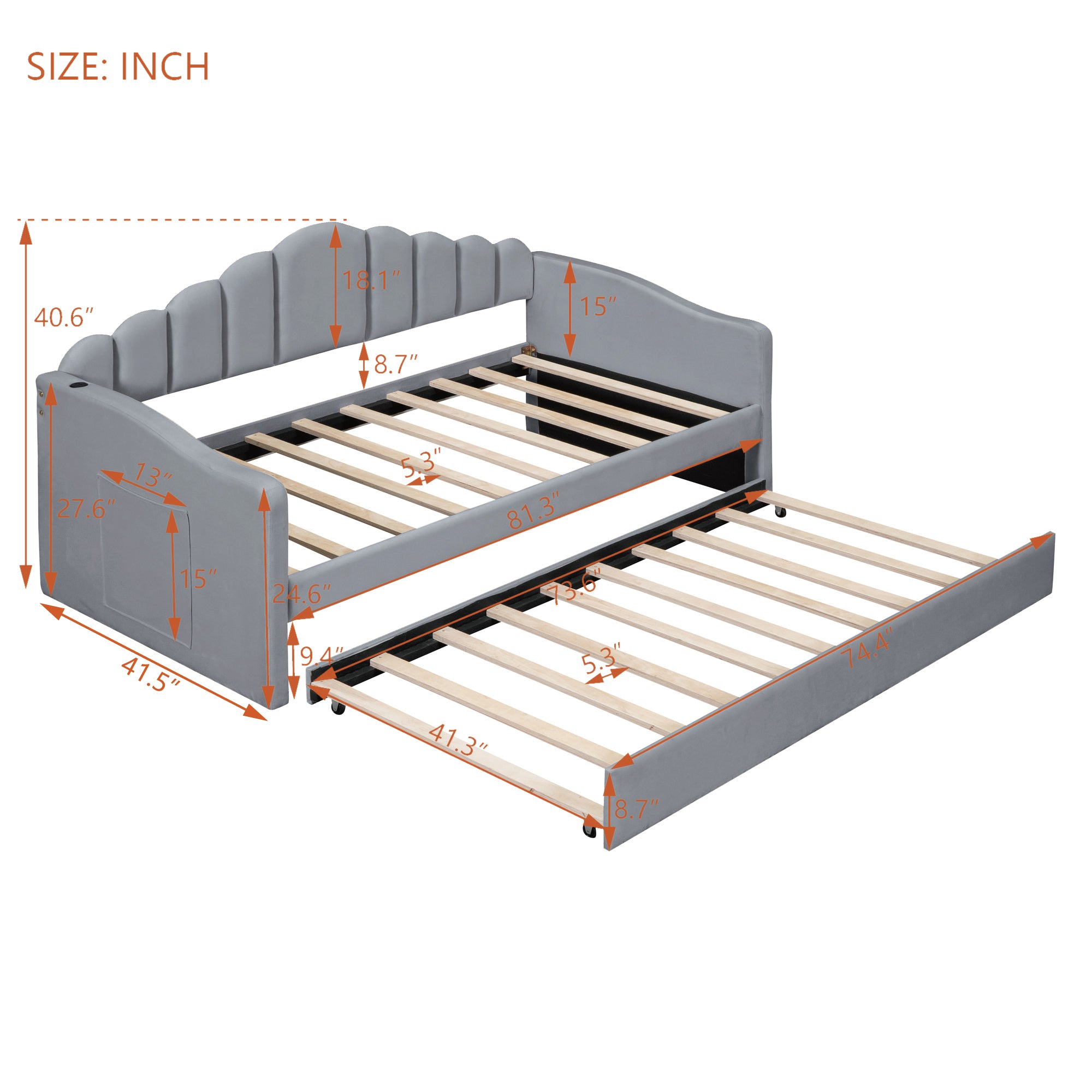 Twin size Upholstered Daybed with Trundle ,Velvet Sofabed with USB Charging Ports,No Box-spring Needed,Gray - Atlantic Fine Furniture Melbourne FL