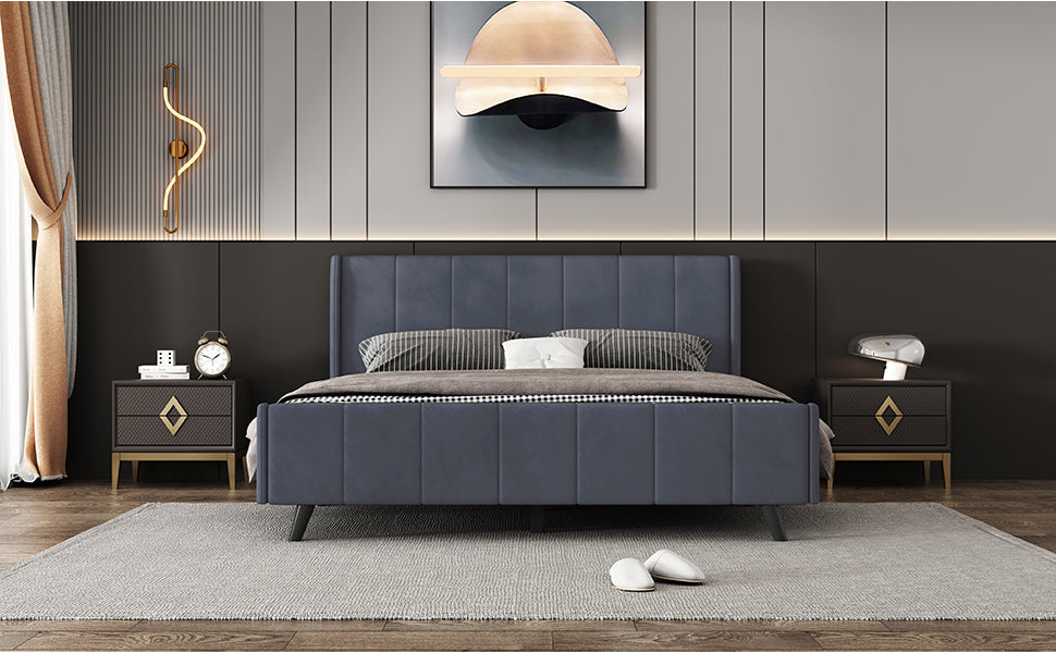 Queen Size Upholstered Platform Bed, Velvet, Gray - Atlantic Fine Furniture Melbourne FL