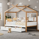 Wooden House Bed Original Wood Colored Frame With Bookshelf Storage Space