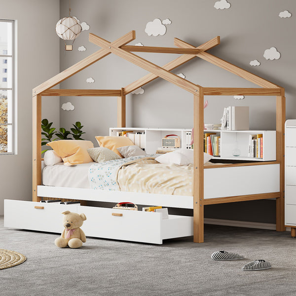 Full Size Wooden House Bed Original Wood Colored Frame With Two Drawers And Bookshelf Storage Space For Children Or Guest Room - White