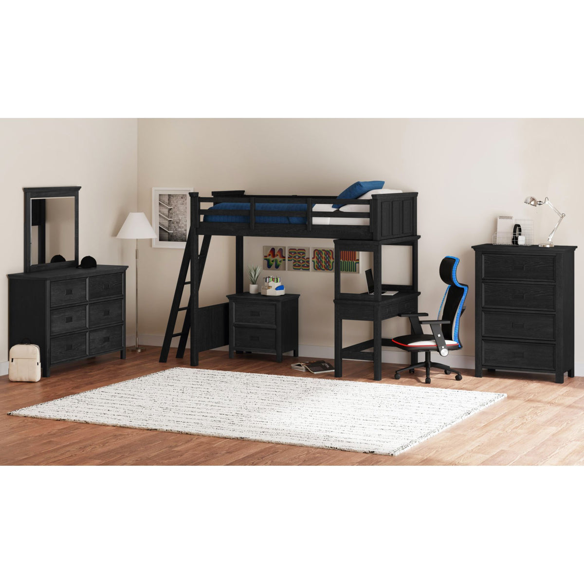 Hampton Kids Loft Bed With Ladder And Desk With Speaker in Black by Elements International, view 18