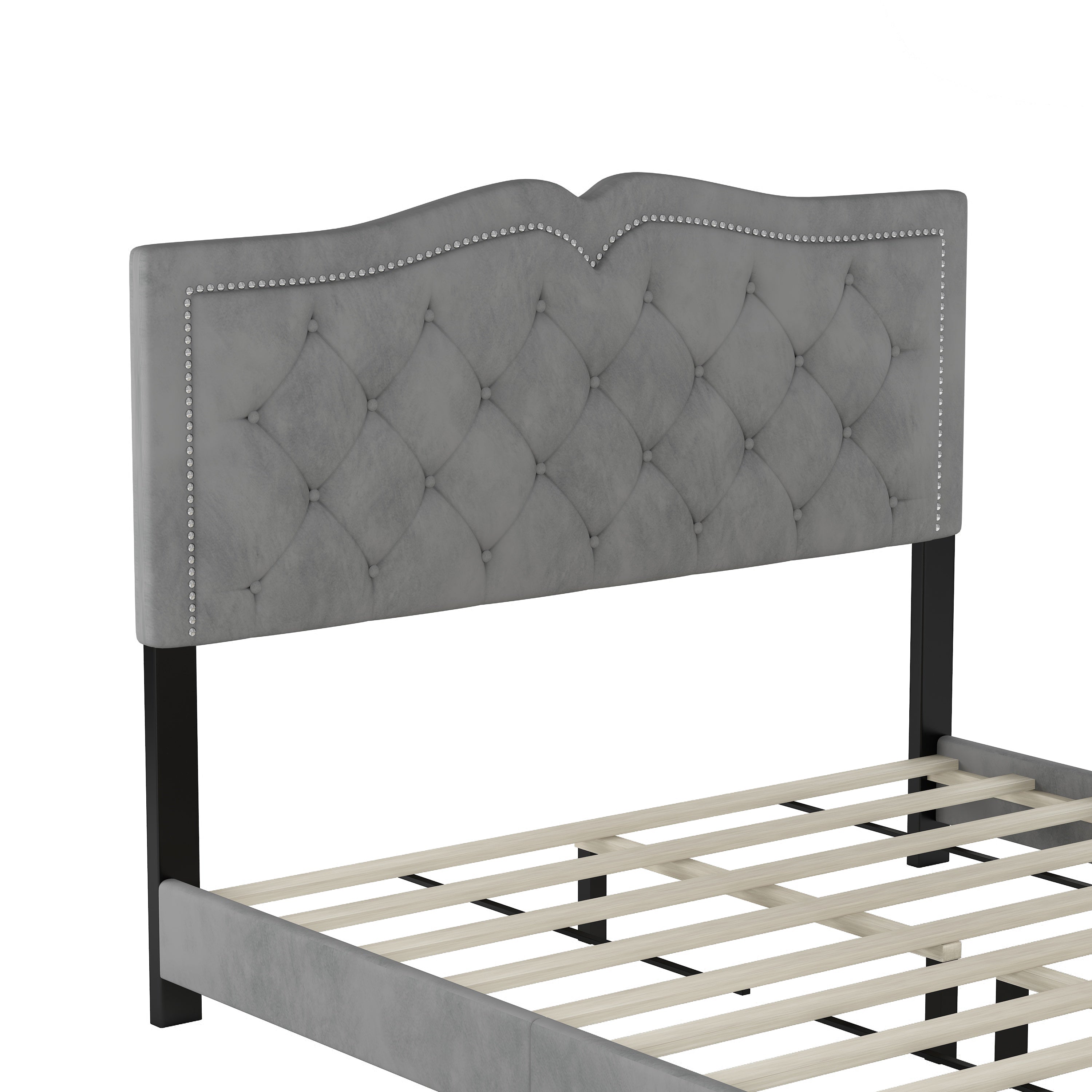 Queen Size Upholstered Bed Frame with Rivet Design, Modern Velvet Platform Bed with Tufted Headboard,Gray - Atlantic Fine Furniture Melbourne FL