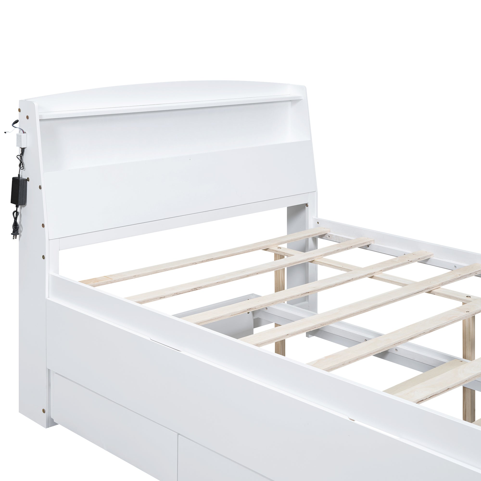 Full Size Platform Bed with Storage LED Headboard, Twin Size Trundle and 3 Drawers, White - Atlantic Fine Furniture Melbourne FL