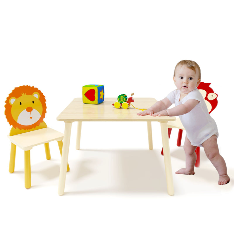 Kids Table And 2 Chairs Set, 3 Pieces Toddler Table And Chair Set, Wooden Activity Play Table Set (Lion&Monkey) - Natural